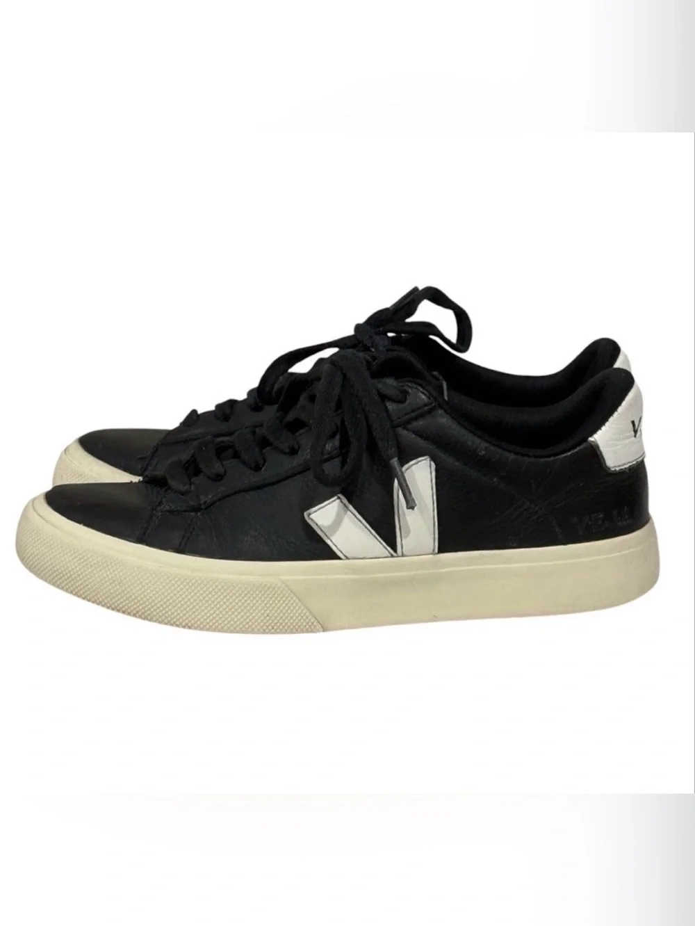 Veja Black Leather Sneakers with White V Detail